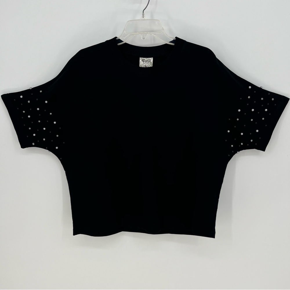 Vocal Top Womens Black Casual Elegance Pearled Short Sleeve Oversized Fit NWOT - Picture 6 of 9
